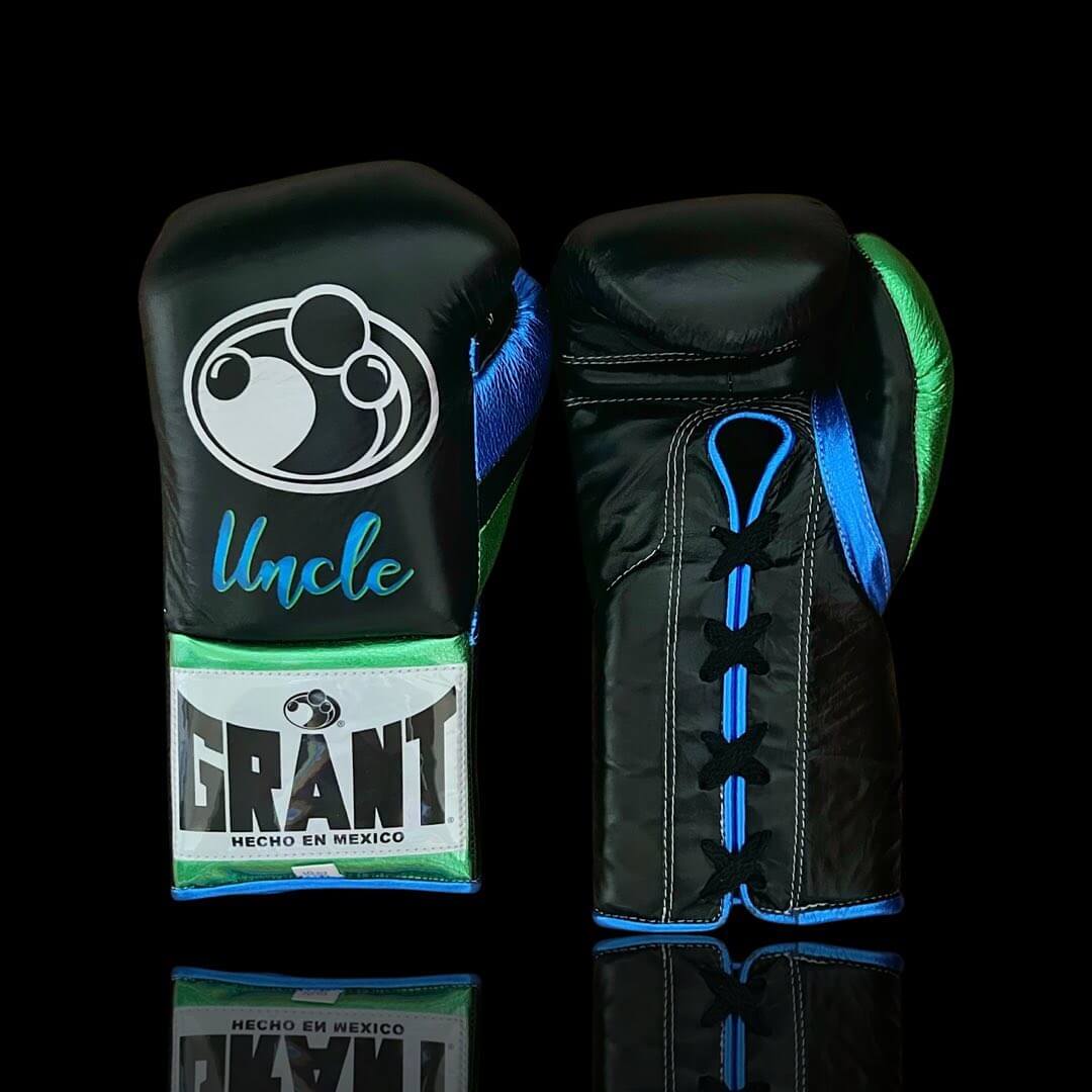 Grant Boxing Gloves in Black/Blue/Green colorway - Professional Lace-Up training gloves