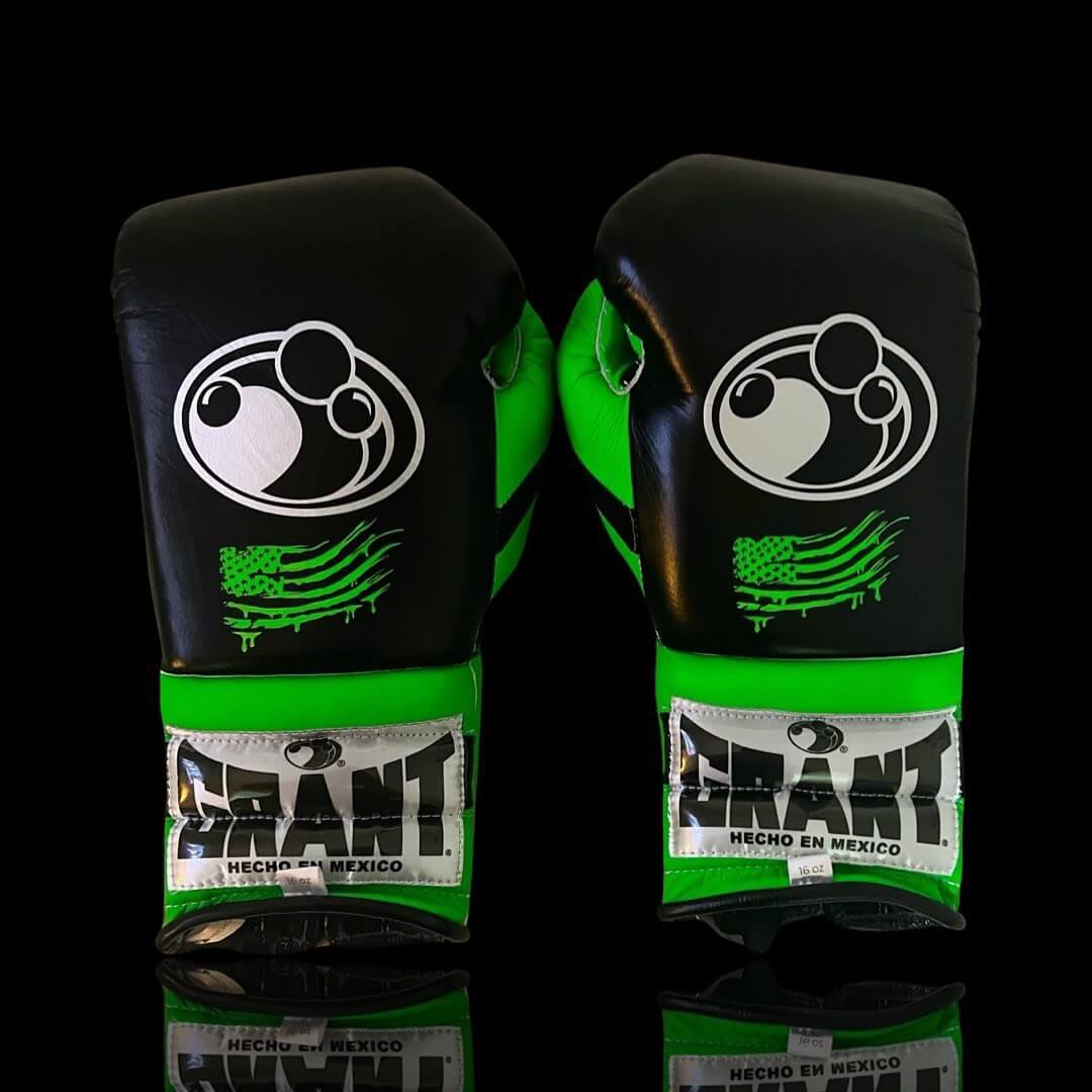 Grant Boxing Gloves in Black/Green colorway - Professional Lace-Up training gloves