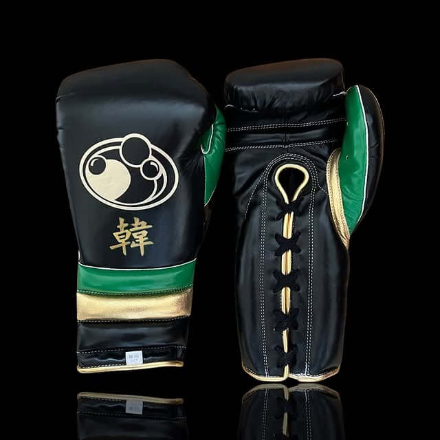 Grant Boxing Gloves in Black/Green/Gold colorway - Professional Lace-Up training gloves