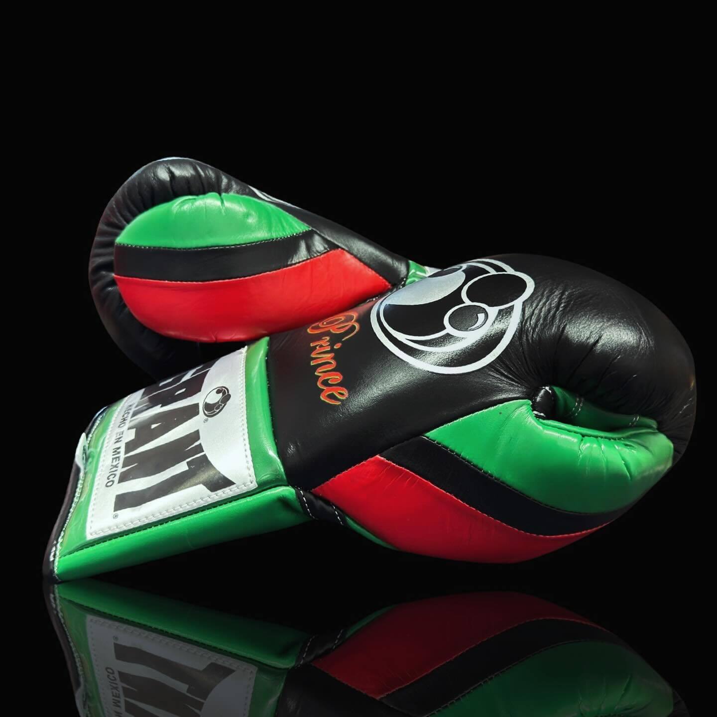 Grant Boxing Gloves in Black/Red/Green colorway - Professional Lace-Up training gloves