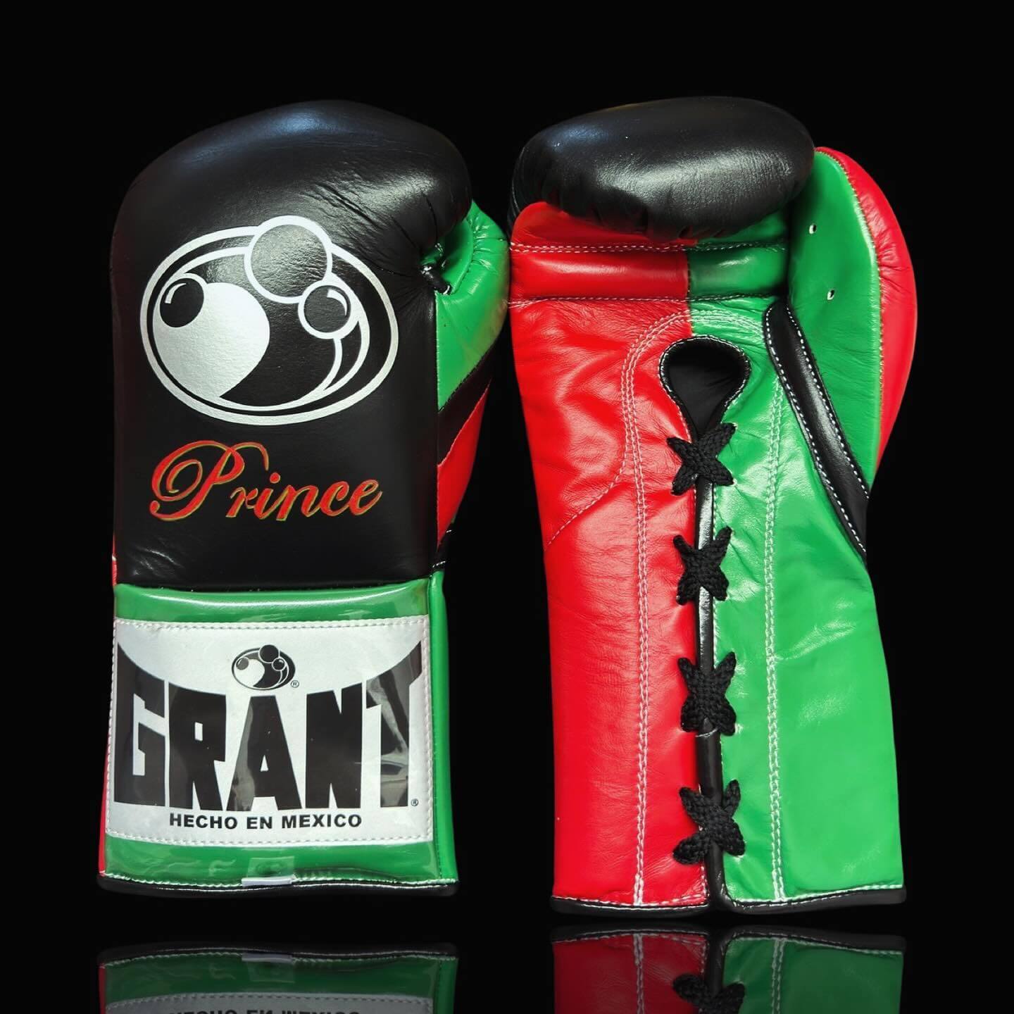 Grant Boxing Gloves in Black/Red/Green colorway - Professional Lace-Up training gloves