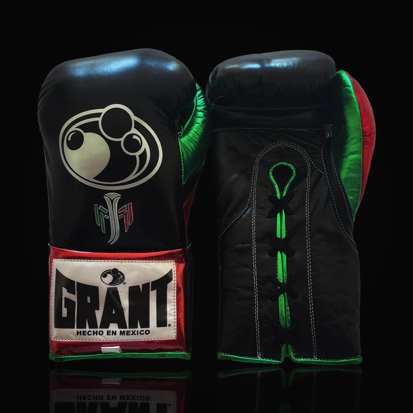 Grant Boxing Gloves in Black/Green/Red colorway - Professional Lace-Up training gloves