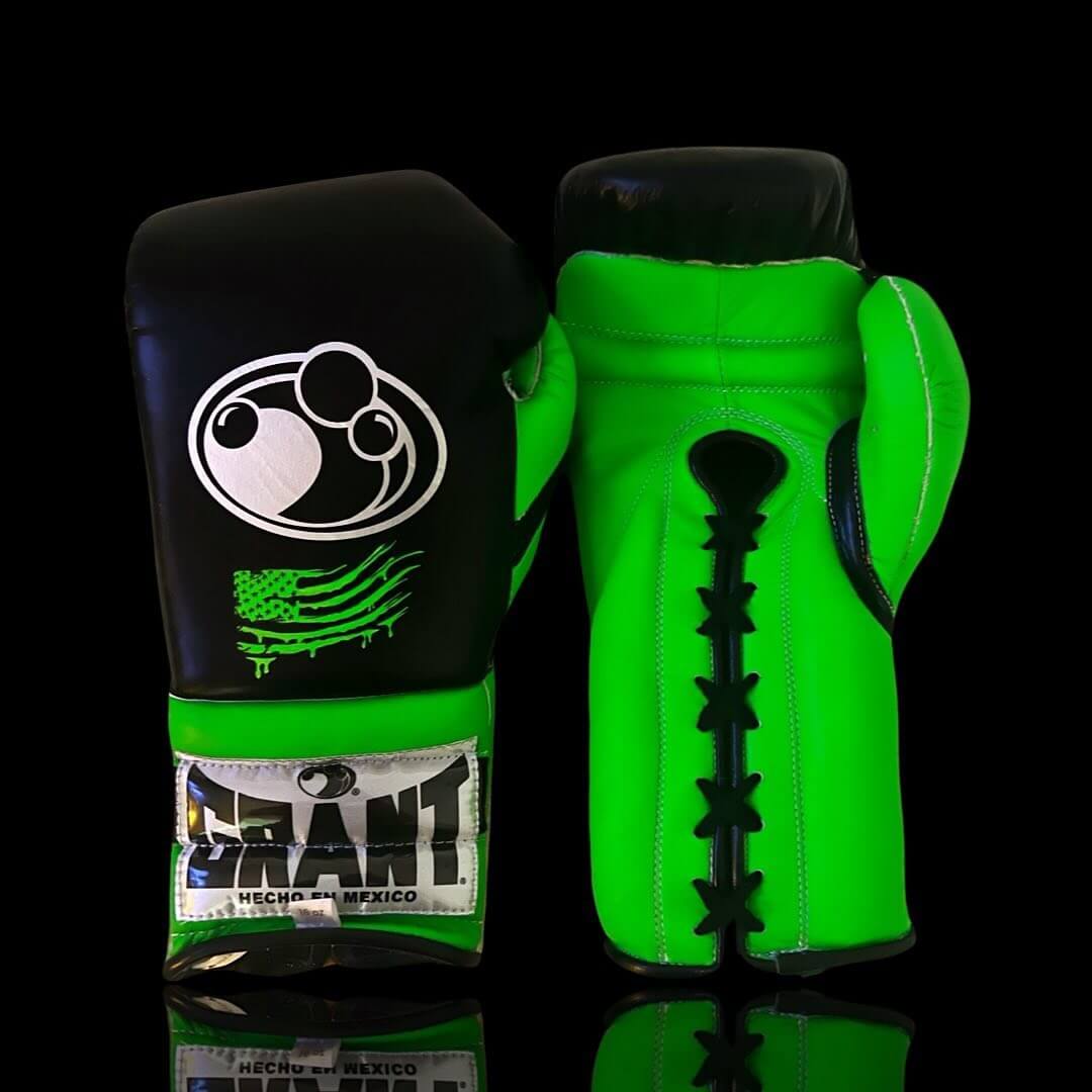 Grant Boxing Gloves in Black/Green colorway - Professional Lace-Up training gloves