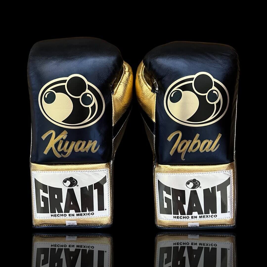 Grant Boxing Gloves in Blue/Grey/Gold colorway - Professional Lace-Up training gloves