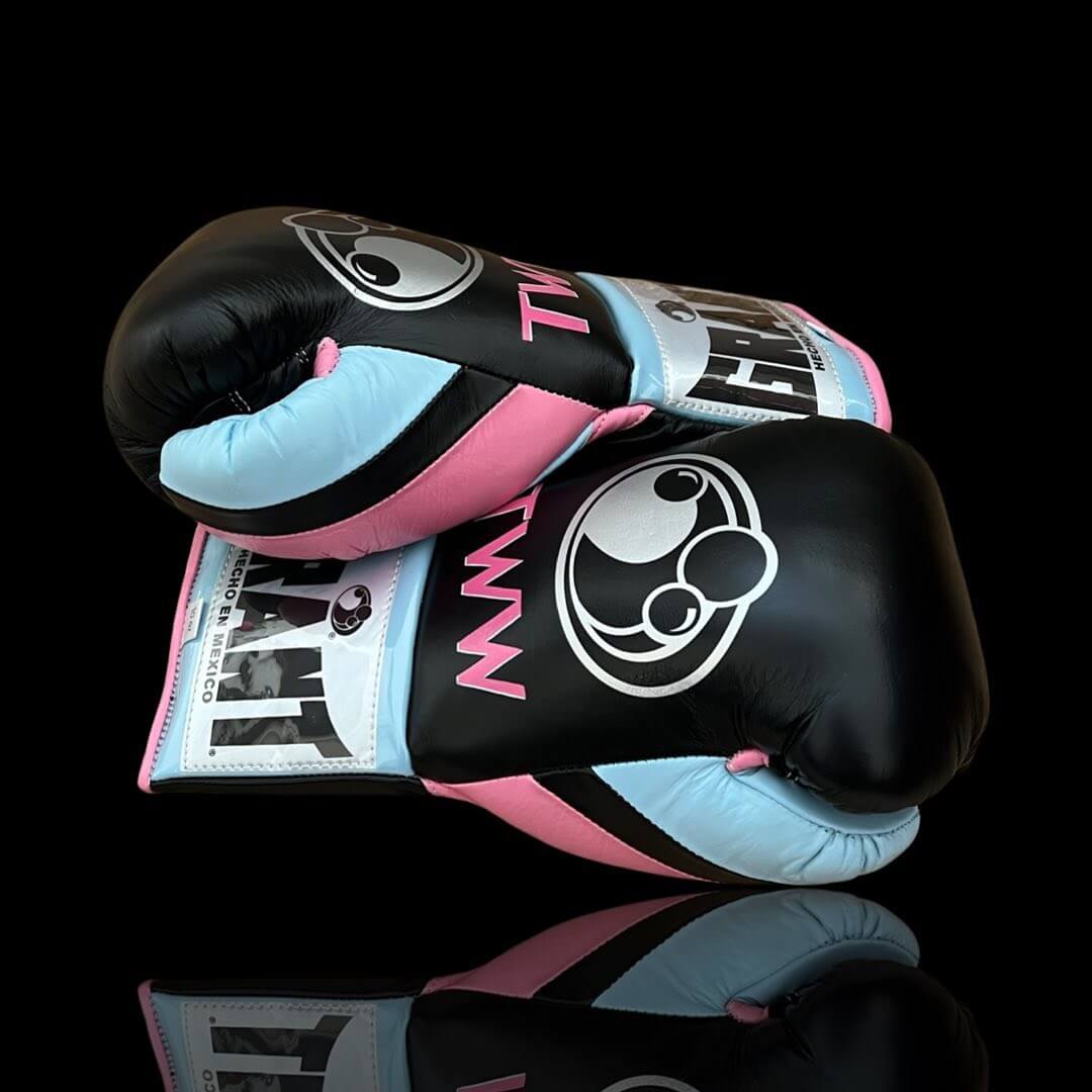 Grant Boxing Gloves in Black/Blue/Pink colorway - Professional Lace-Up training gloves