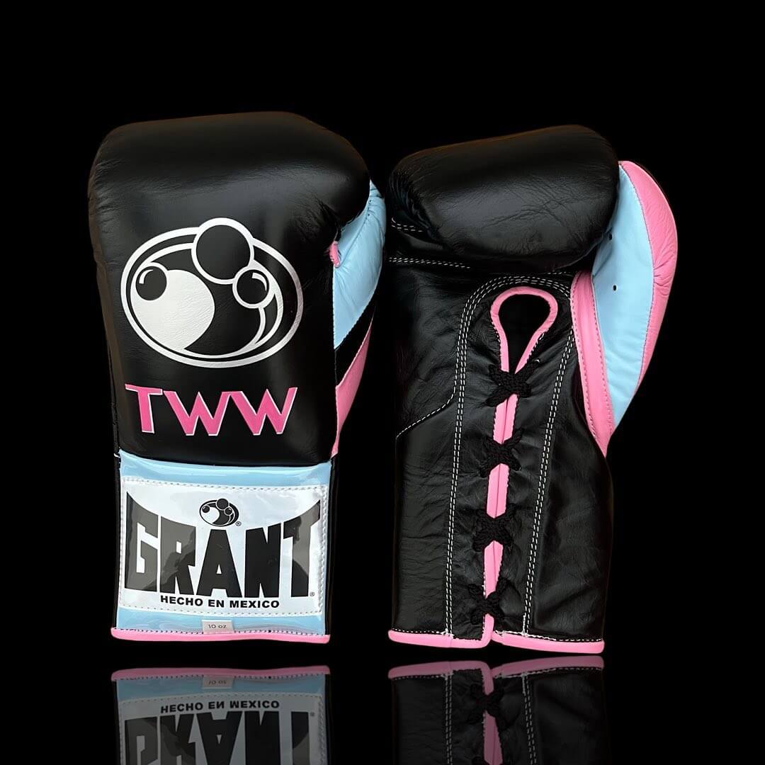 Grant Boxing Gloves in Black/Blue/Pink colorway - Professional Lace-Up training gloves