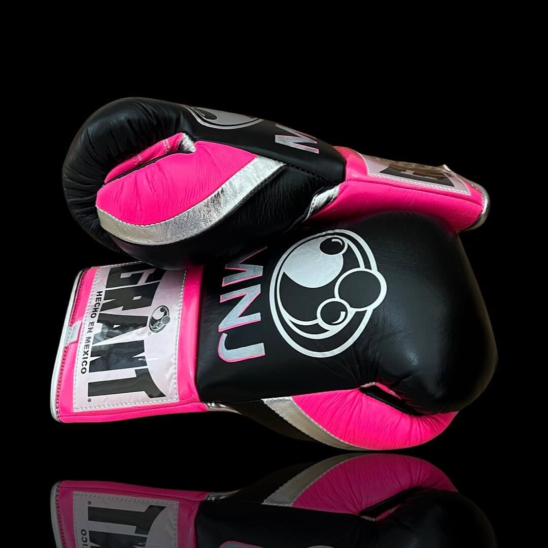 Grant Boxing Gloves in Black/Pink/Silver colorway - Professional Lace-Up training gloves