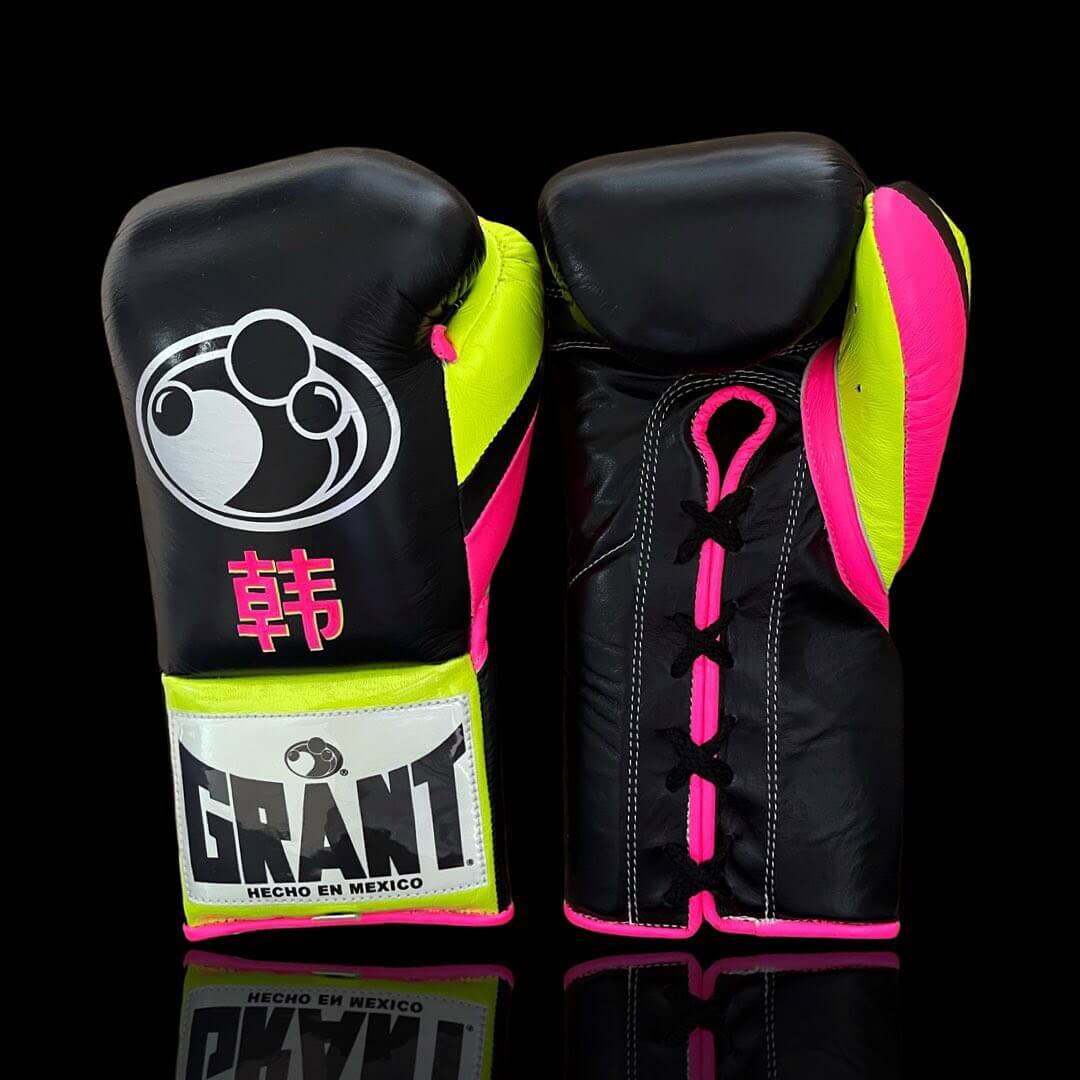Grant Boxing Gloves in Black/Pink/Yellow colorway - Professional Lace-Up training gloves