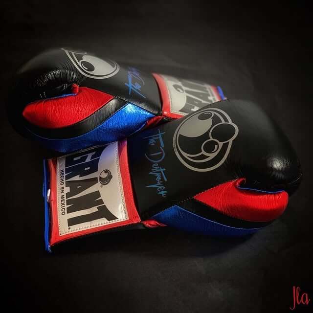 Grant Boxing Gloves in Black/Blue/Red colorway - Professional Lace-Up training gloves