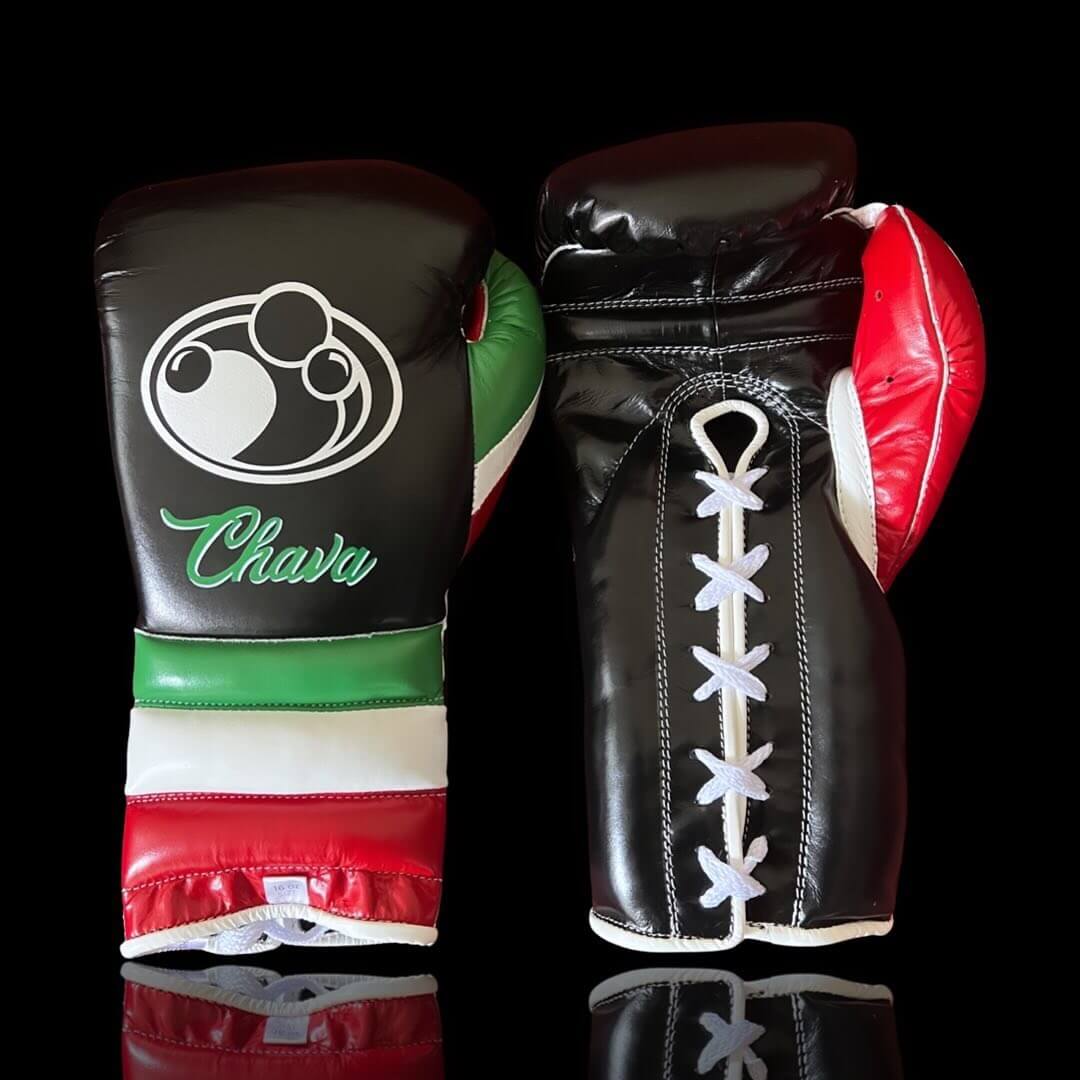 Grant Boxing Gloves in Black/Red/Green/White colorway - Professional Lace-Up training gloves