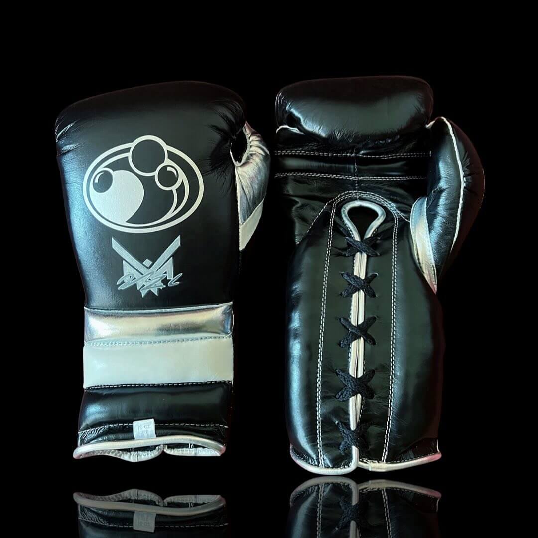 Grant Boxing Gloves in Black/Silver/White colorway - Professional Lace-Up training gloves