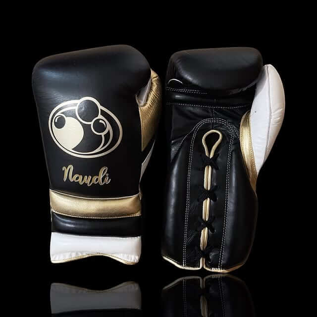Grant Boxing Gloves in Black/Gold/White colorway - Professional Lace-Up training gloves