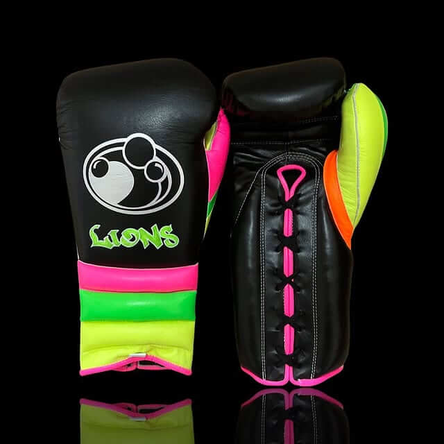 Grant Boxing Gloves in Black/Pink/Yellow/Green colorway - Professional Lace-Up training gloves