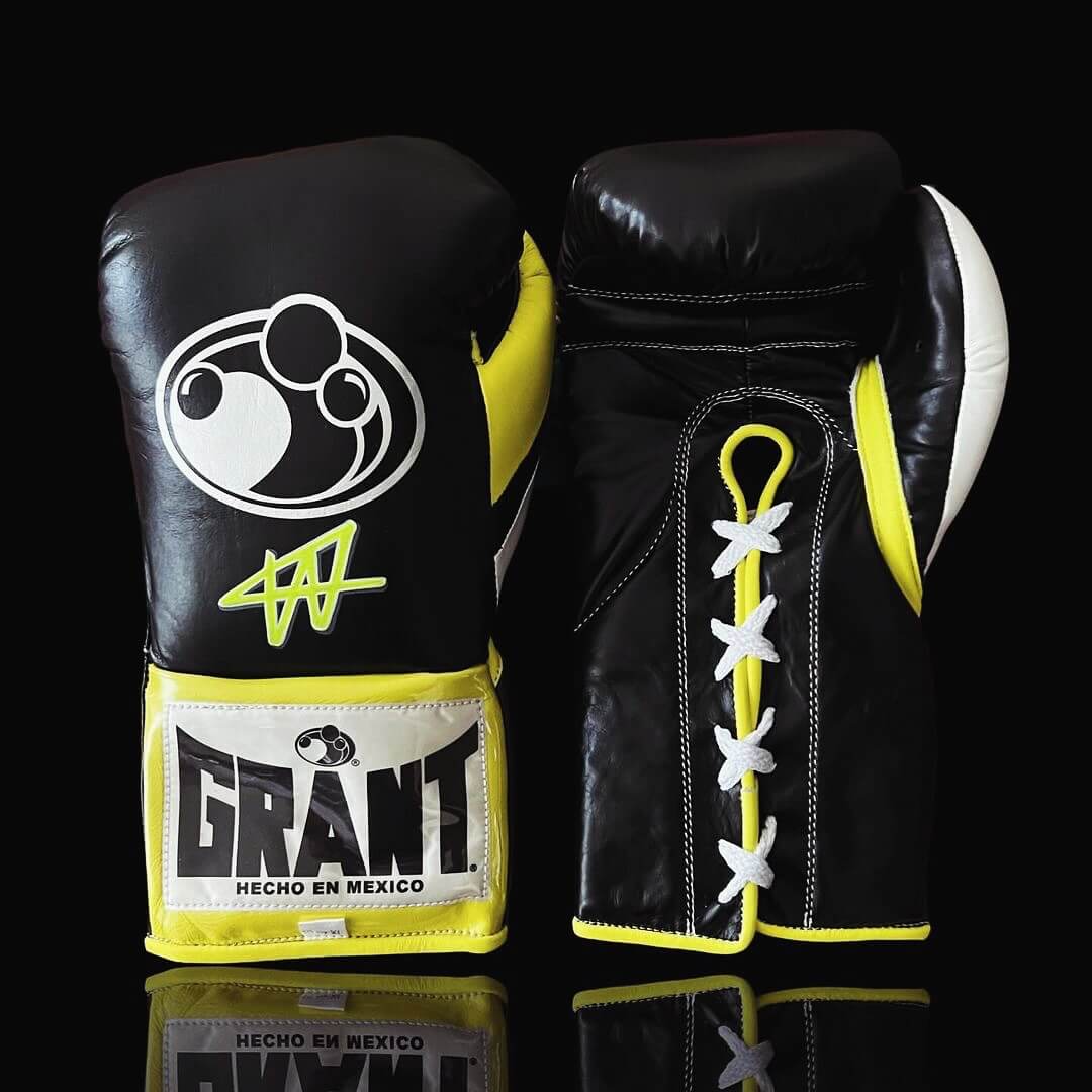 Grant Boxing Gloves in Black/Yellow/White colorway - Professional Lace-Up training gloves