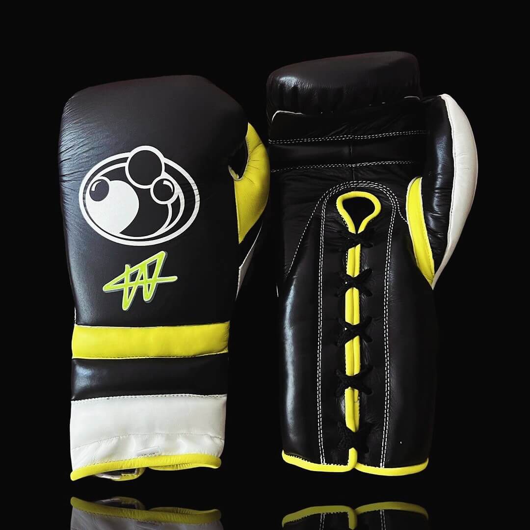 Grant Boxing Gloves in Black/Yellow/White colorway - Professional Lace-Up training gloves