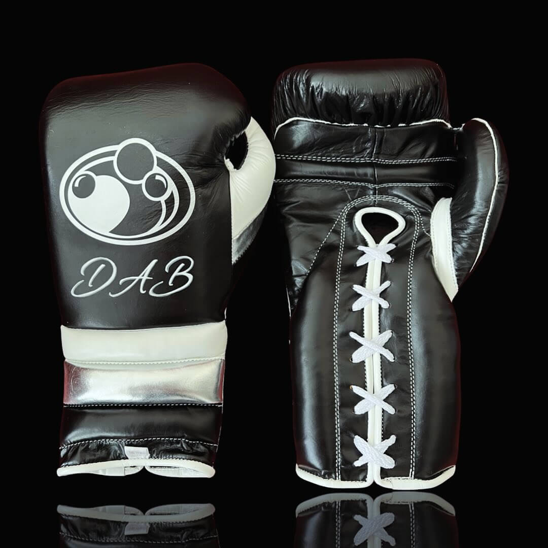 Grant Boxing Gloves in Blaack/White/Silver colorway - Professional Lace-Up training gloves
