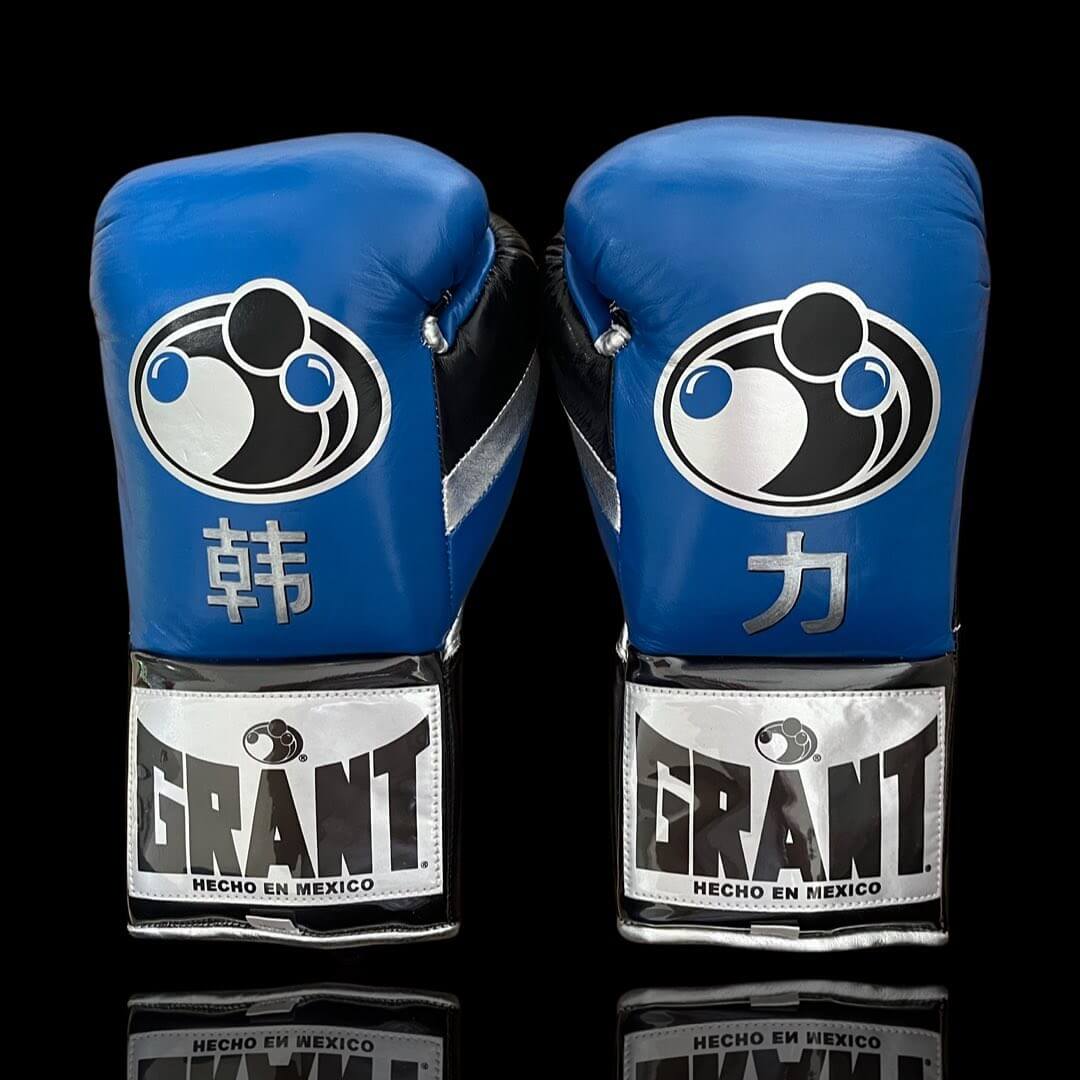 Grant Boxing Gloves in Blue/Black/Silver colorway - Professional Lace-Up training gloves
