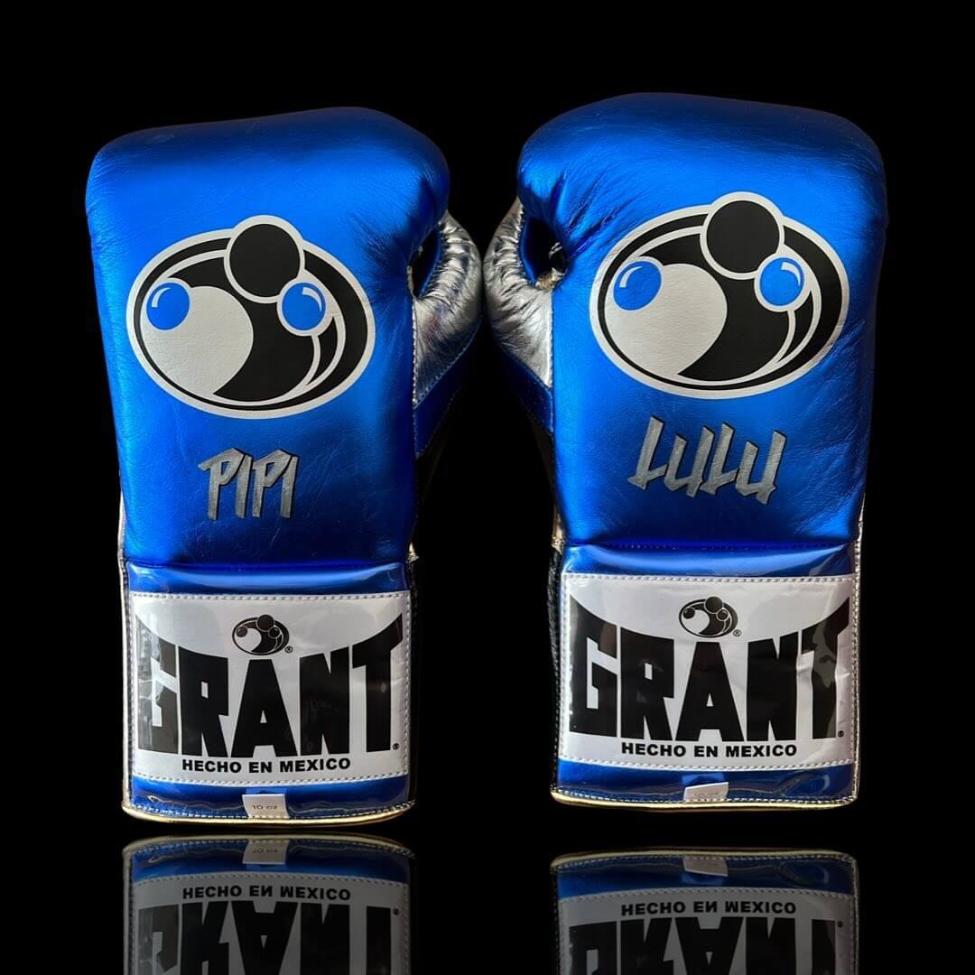 Grant Boxing Gloves in Blue/Black/White/Gold colorway - Professional Lace-Up training gloves