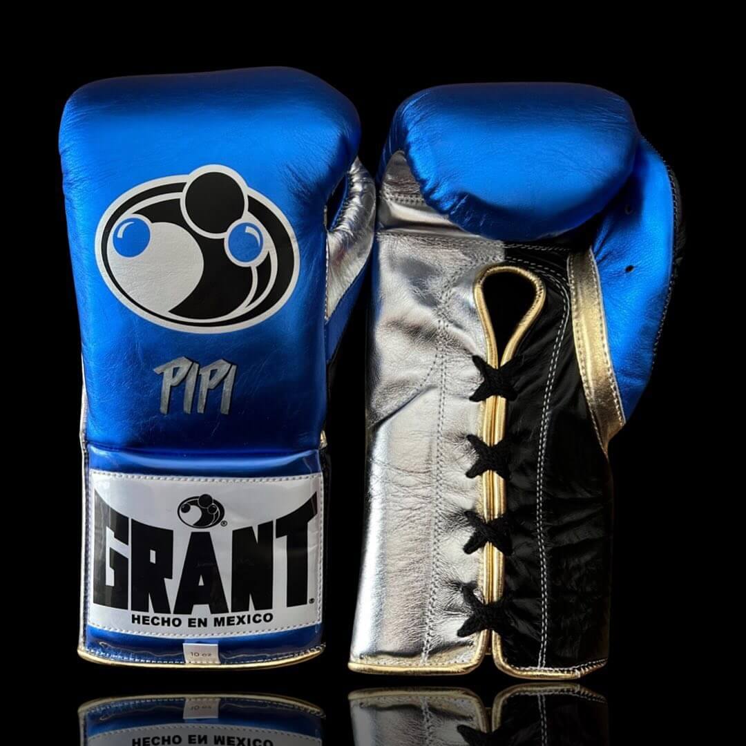 Grant Boxing Gloves in Blue/Black/White/Gold colorway - Professional Lace-Up training gloves