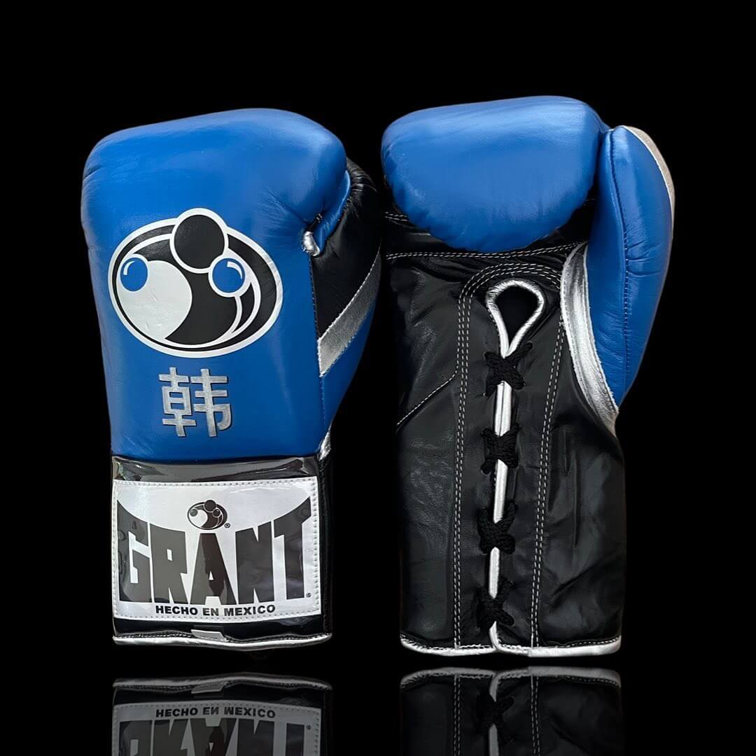 Grant Boxing Gloves in Blue/Black/Silver colorway - Professional Lace-Up training gloves