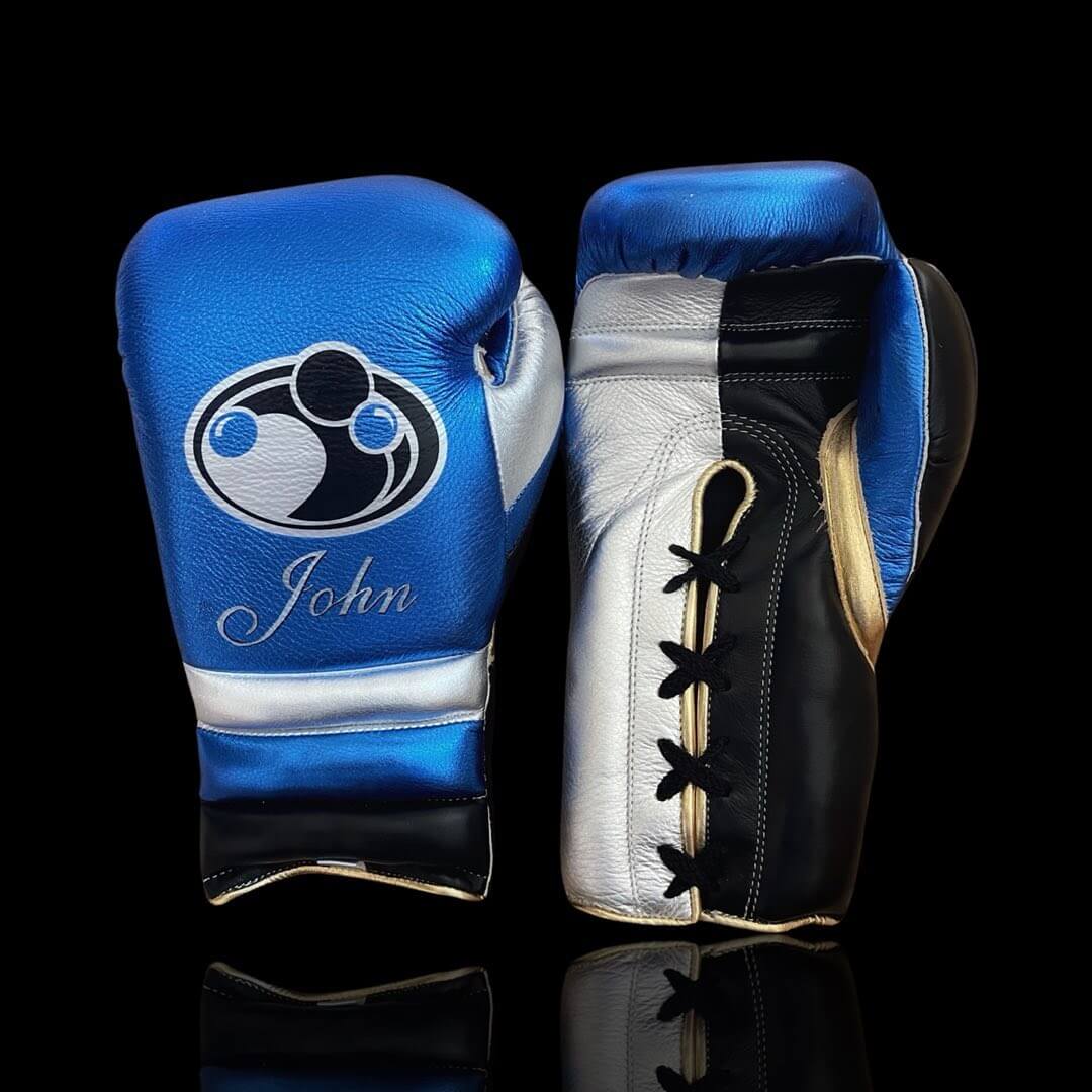 Grant Boxing Gloves in Blue/Black/White/Gold colorway - Professional Lace-Up training gloves