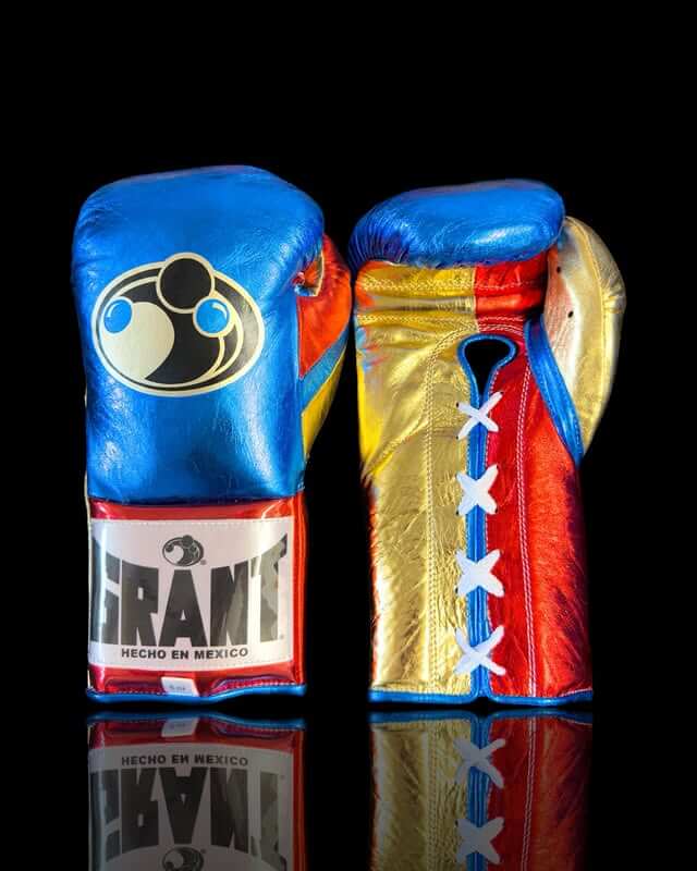 Grant Boxing Gloves in Blue/Gold/Red colorway - Professional Lace-Up training gloves