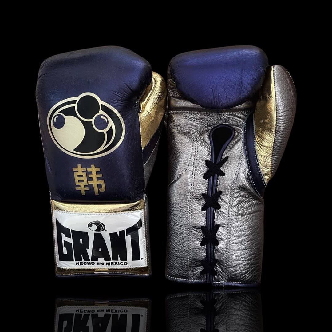 Grant Boxing Gloves in Blue/Grey/Gold colorway - Professional Lace-Up training gloves