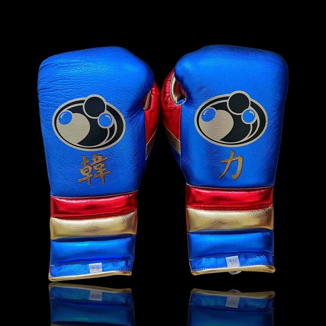 Grant Boxing Gloves in Blue/Red/Gold colorway - Professional Lace-Up training gloves