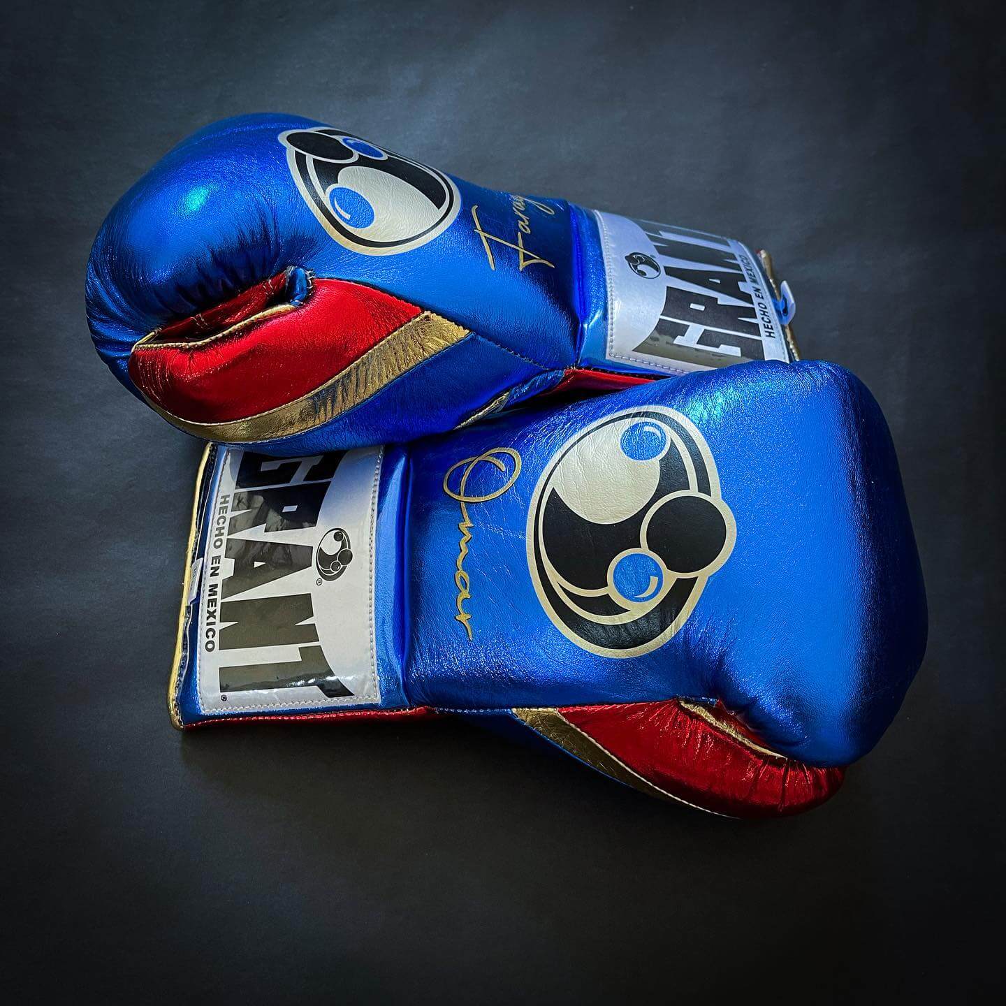 Grant Boxing Gloves in Blue/Red/Gold colorway - Professional Lace-Up training gloves