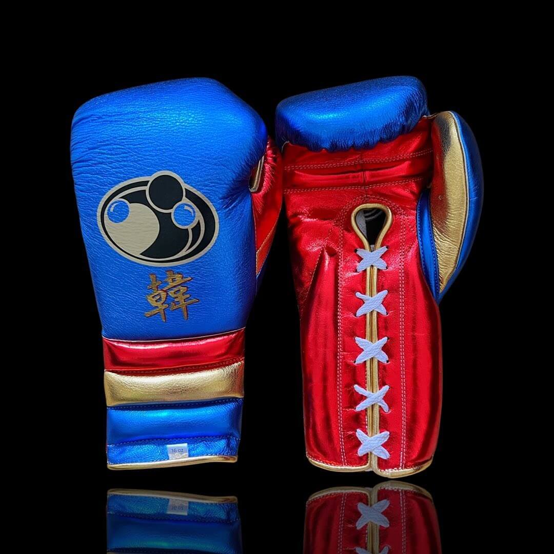 Grant Boxing Gloves in Blue/Red/Gold colorway - Professional Lace-Up training gloves