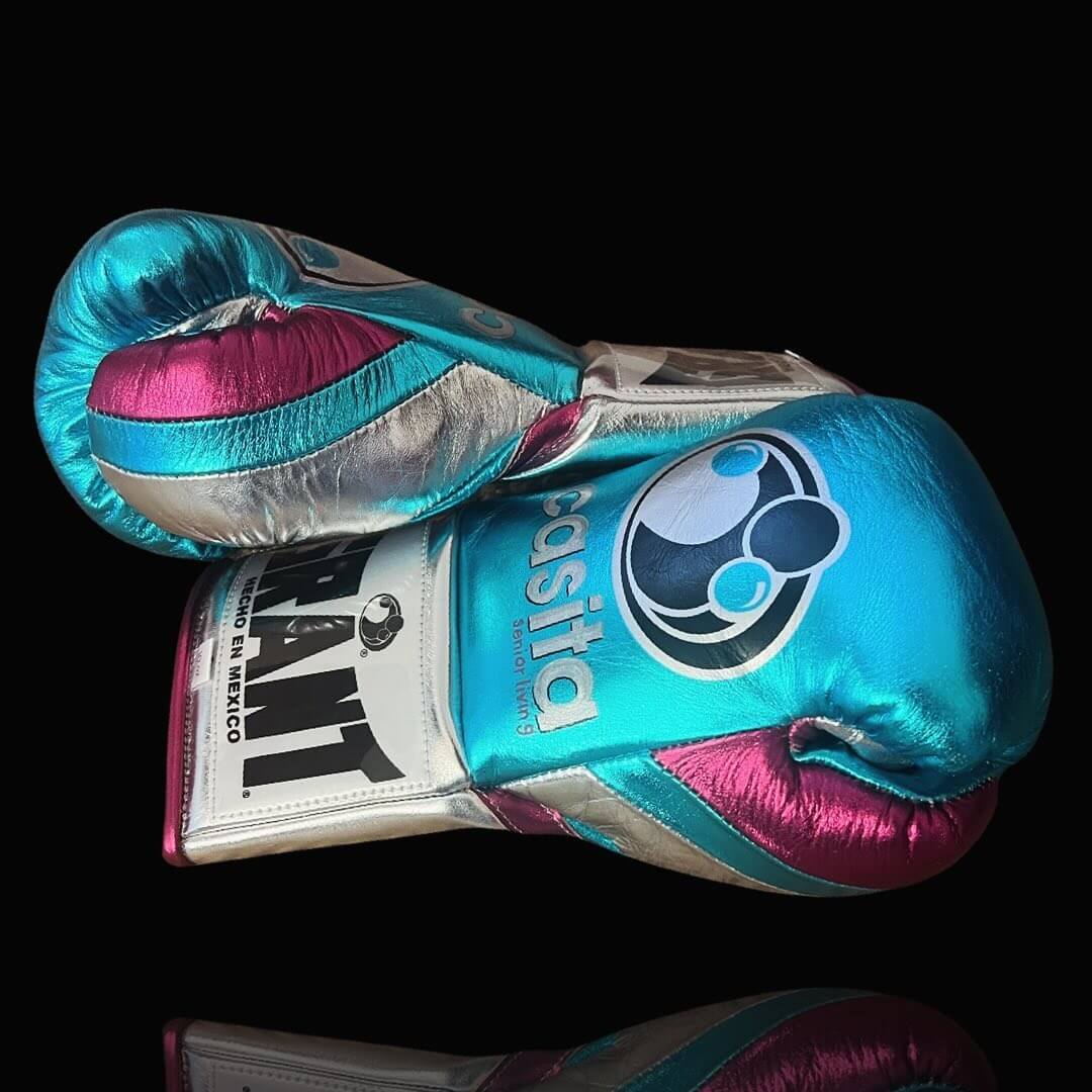 Grant Boxing Gloves in Blue/Silver/Pink colorway - Professional Lace-Up training gloves