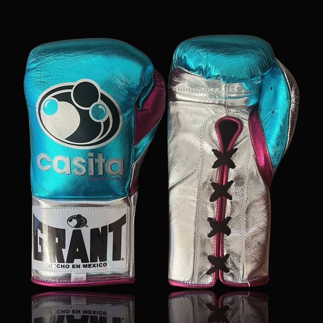 Grant Boxing Gloves in Blue/Silver/Pink colorway - Professional Lace-Up training gloves