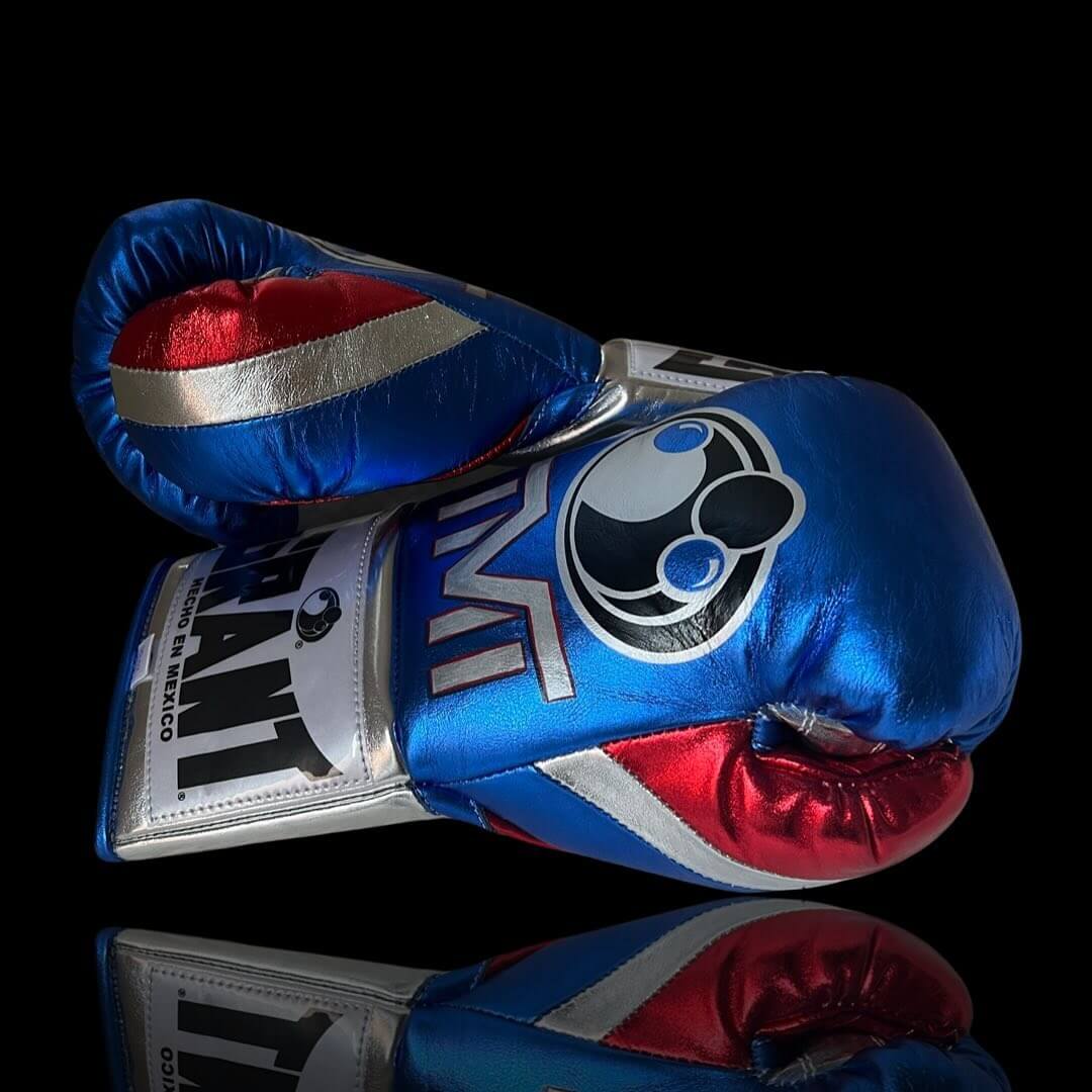 Grant Boxing Gloves in Blue/Silver/Red colorway - Professional Lace-Up training gloves