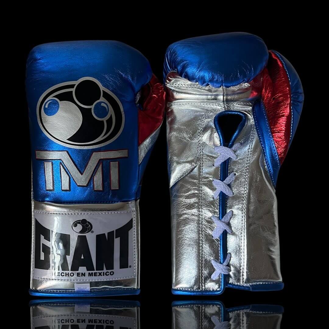 Grant Boxing Gloves in Blue/Silver/Red colorway - Professional Lace-Up training gloves