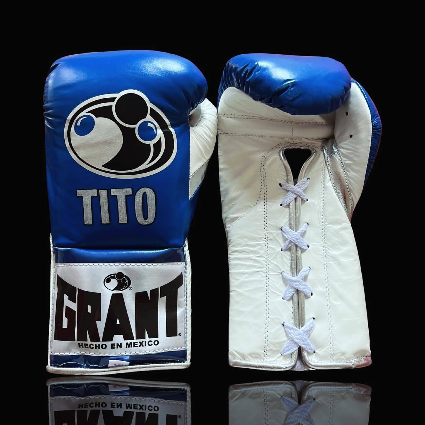 Grant Boxing Gloves in Blue/White/Silver colorway - Professional Lace-Up training gloves