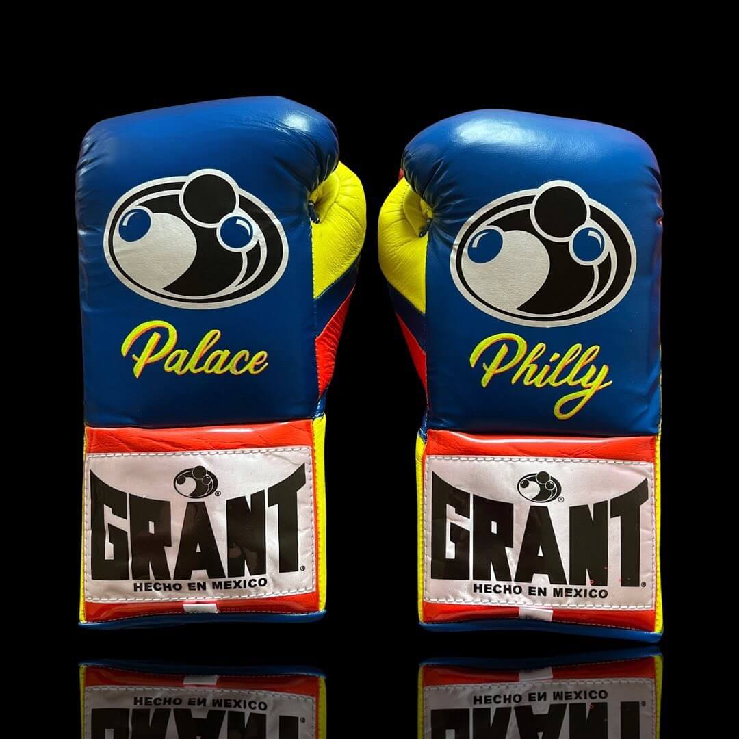 Grant Boxing Gloves in Blue/Red/Orange colorway - Professional Lace-Up training gloves
