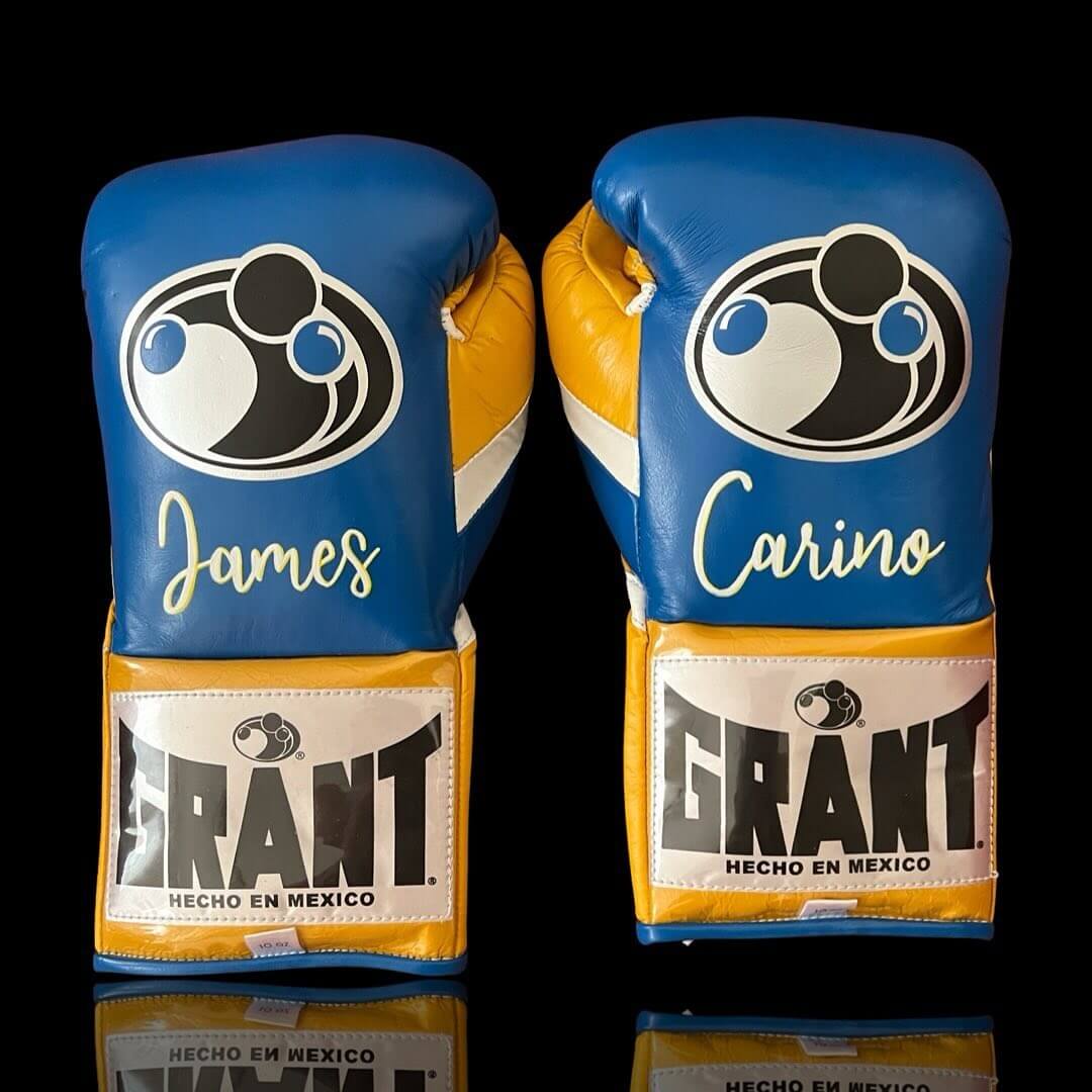 Grant Boxing Gloves in Blue/Yellow/White colorway - Professional Lace-Up training gloves