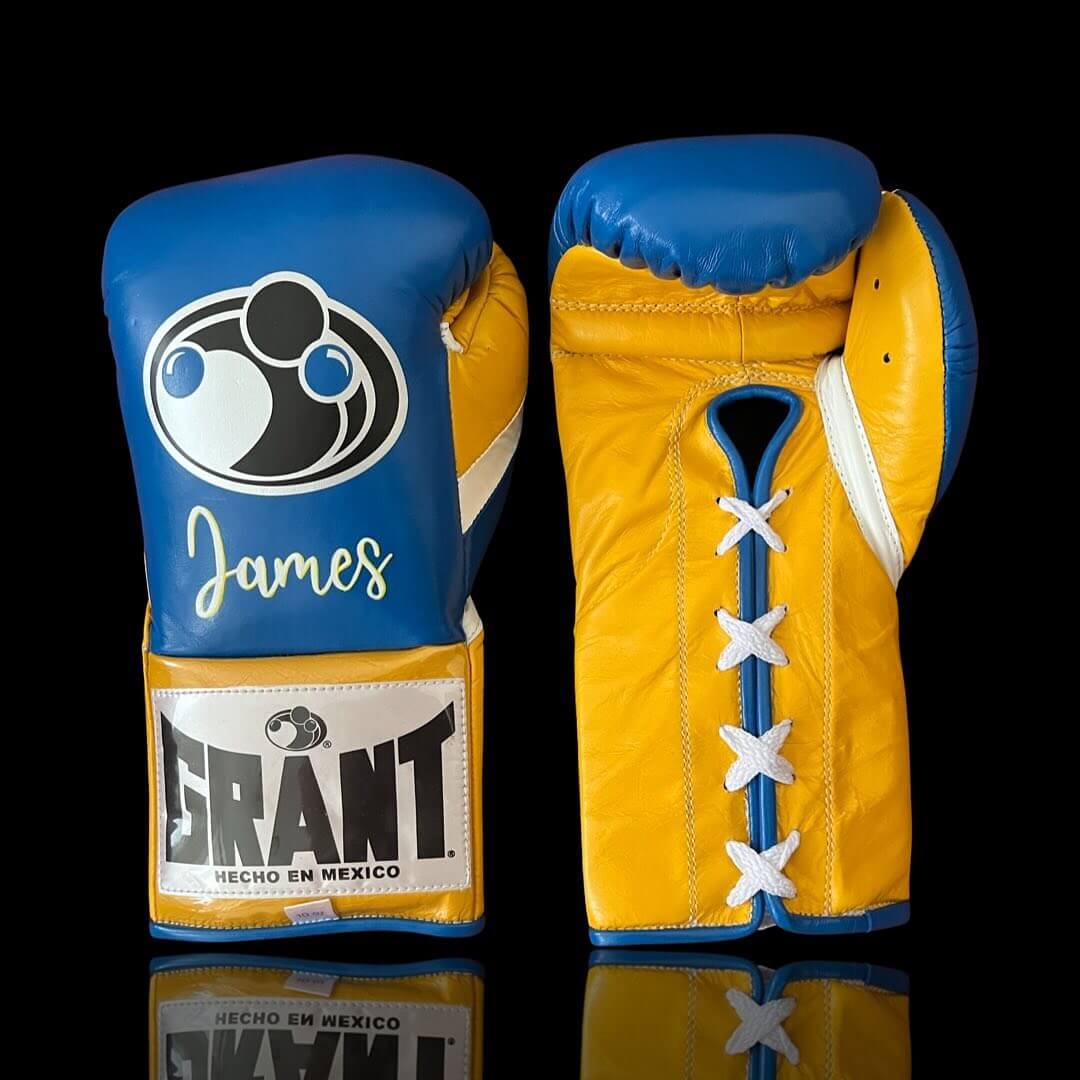 Grant Boxing Gloves in Blue/Yellow/White colorway - Professional Lace-Up training gloves