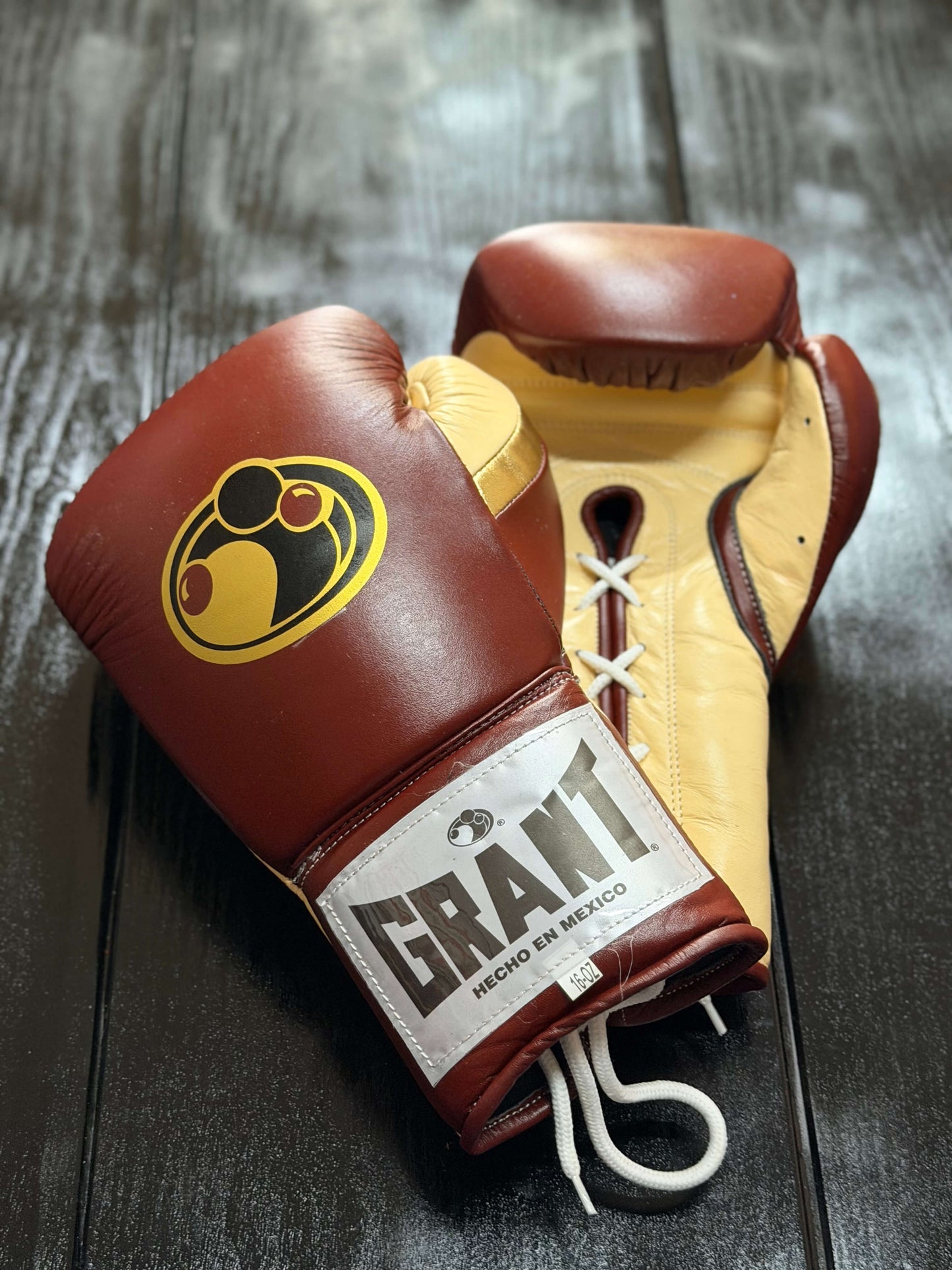 Grant Boxing Gloves in Brown/Beige/Gold colorway - Professional Lace-Up training gloves