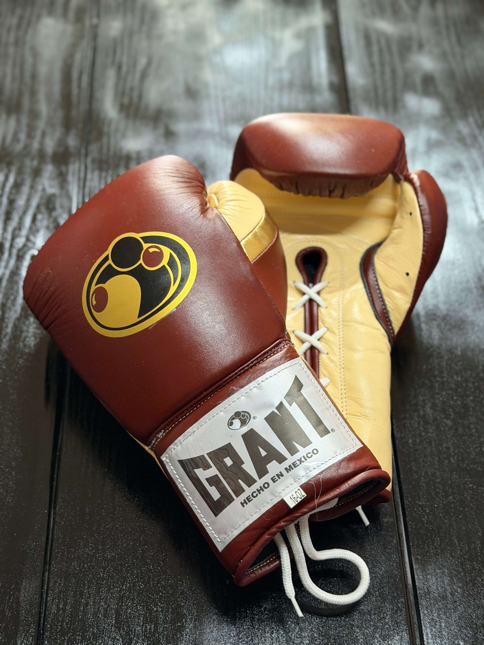 Grant Boxing Gloves in Brown/Beige/Gold colorway - Professional Lace-Up training gloves