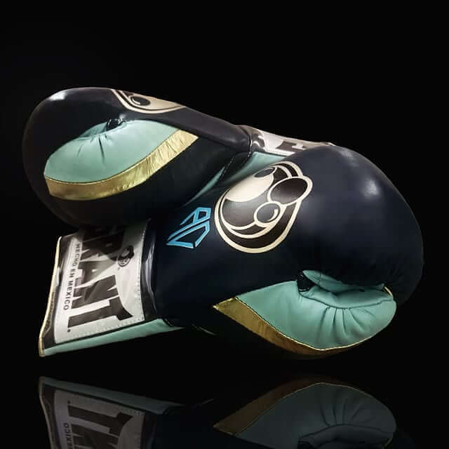 Grant Boxing Gloves in Dark & Mint-Blue/Gold colorway - Professional Lace-Up training gloves