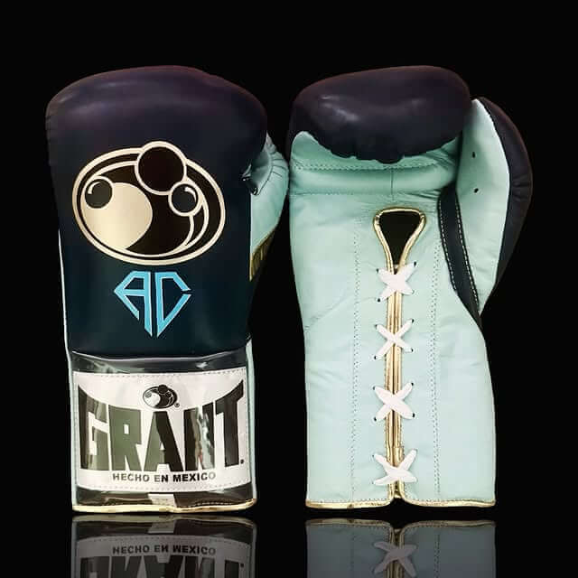 Grant Boxing Gloves in Dark & Mint-Blue/Gold colorway - Professional Lace-Up training gloves