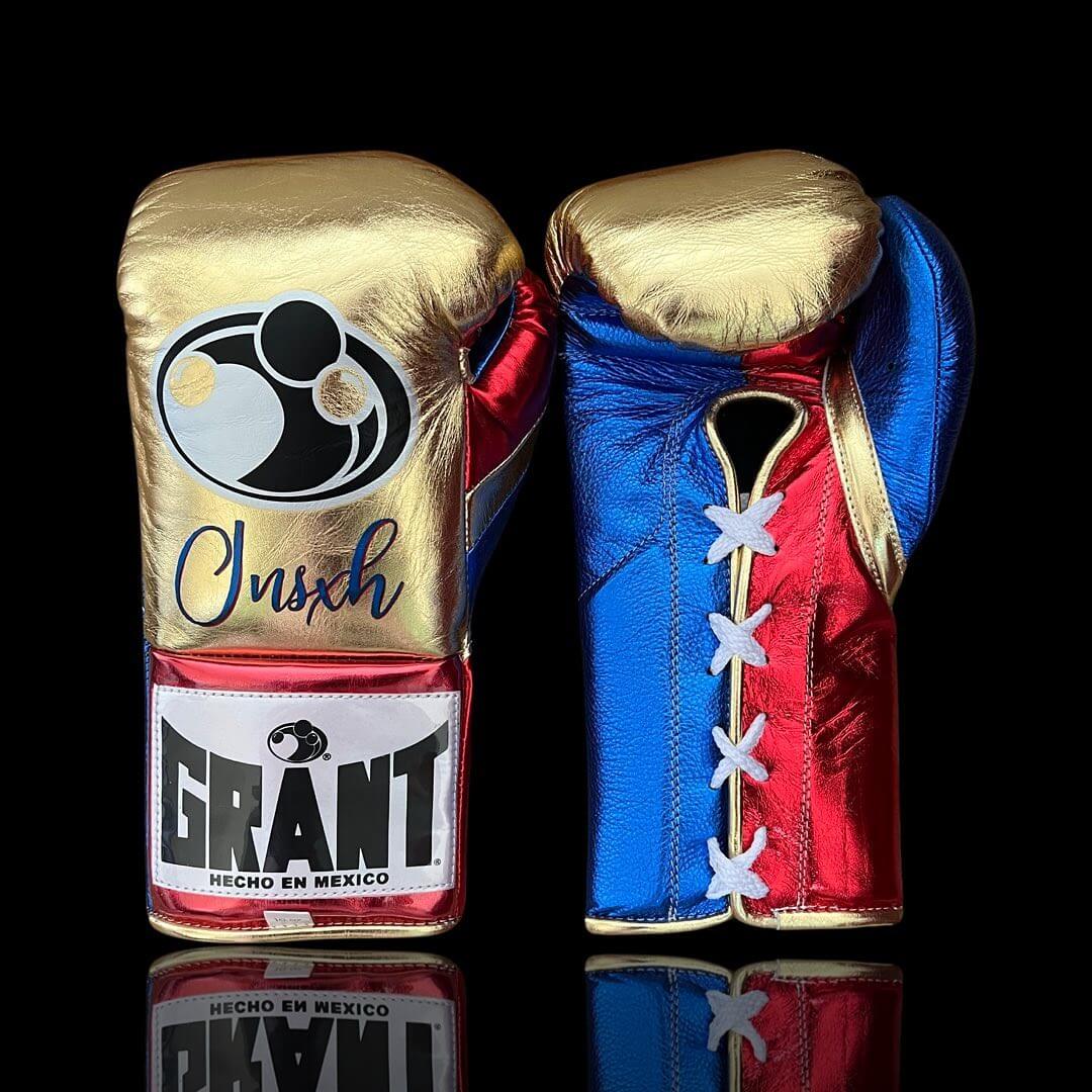 Grant Boxing Gloves in Gold/Blue/Red colorway - Professional Lace-Up training gloves