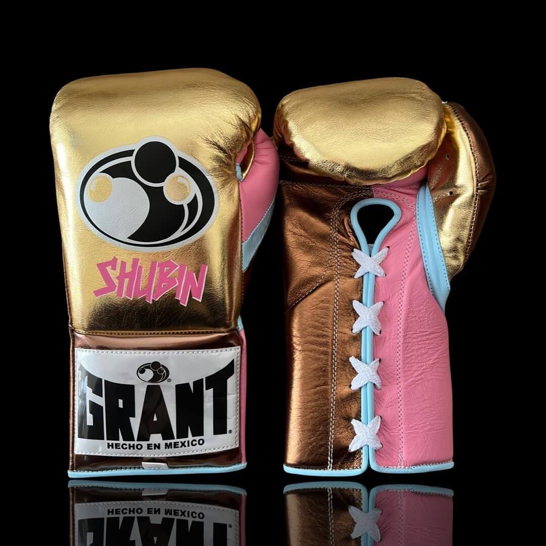 Grant Boxing Gloves in Gold/Brown/Pink colorway - Professional Lace-Up training gloves