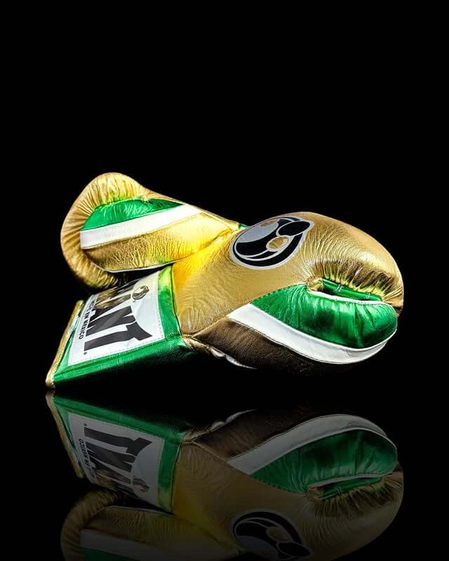 Grant Boxing Gloves in Gold/Green/White colorway - Professional Lace-Up training gloves