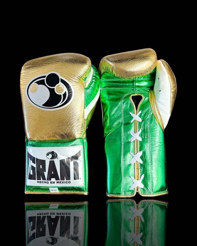 Grant Boxing Gloves in Gold/Green/White colorway - Professional Lace-Up training gloves
