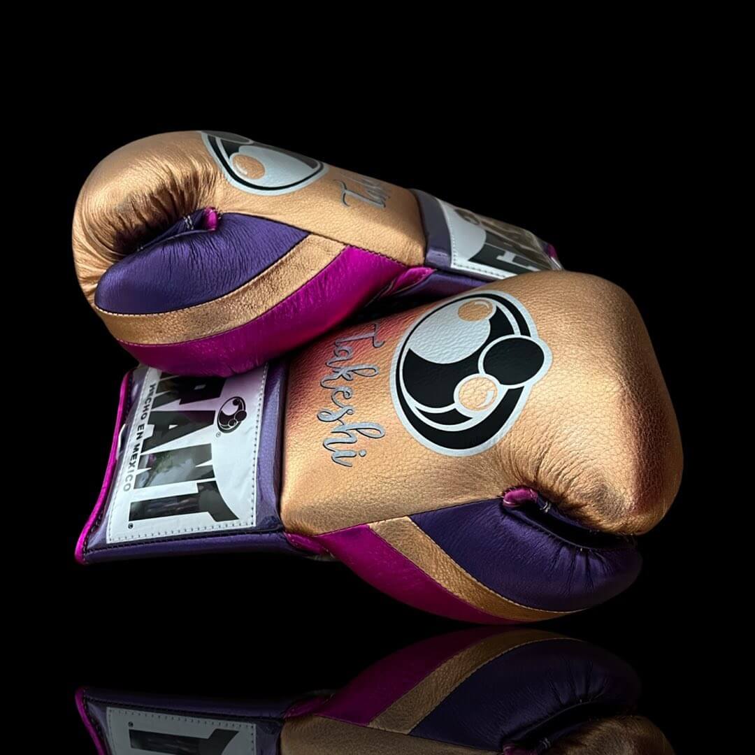 Grant Boxing Gloves in Gold/Purple/Pink colorway - Professional Lace-Up training gloves