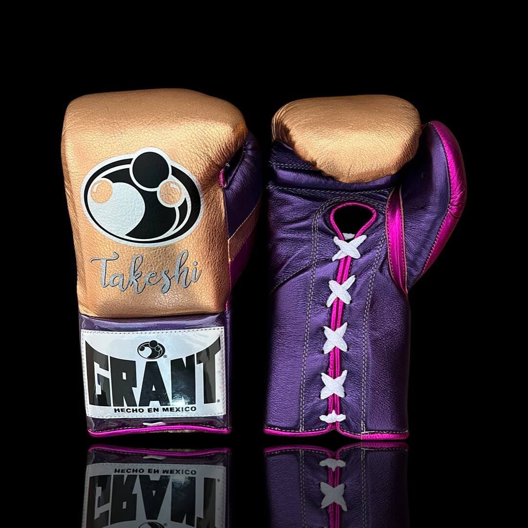 Grant Boxing Gloves in Gold/Purple/Pink colorway - Professional Lace-Up training gloves