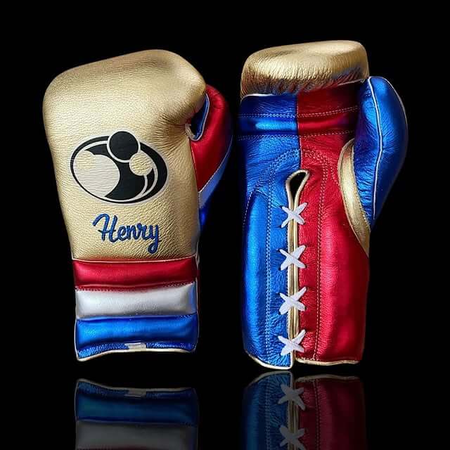 Grant Boxing Gloves in Gold/Blue/Red colorway - Professional Lace-Up training gloves