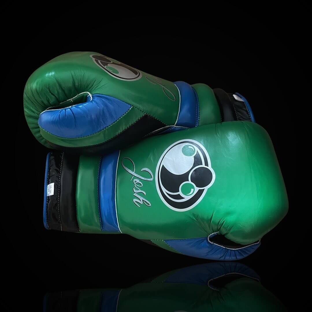 Grant Boxing Gloves in Green/Black/Blue colorway - Professional Lace-Up training gloves